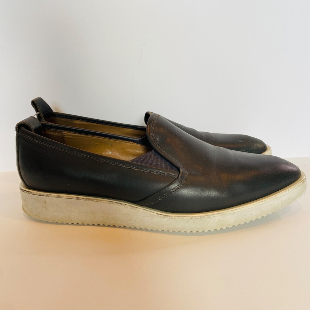 Everlane Shoes Womens 9.5 Wedge Loafers Slip On Black Leather‎ White Sole Almond